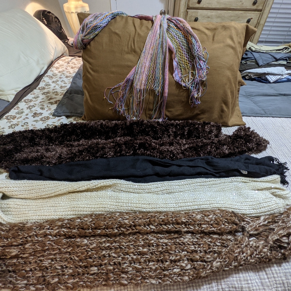 5 scarves various brands size and colir